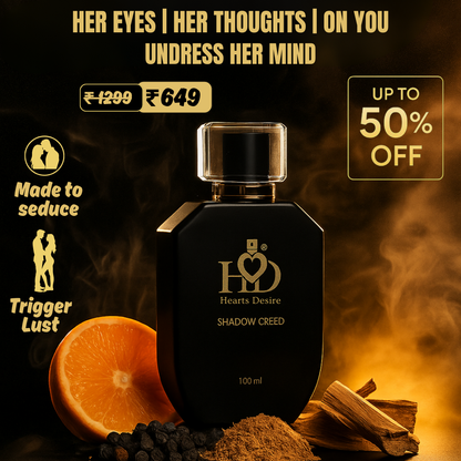 Perfume bottle with promotional text and price on a dark background